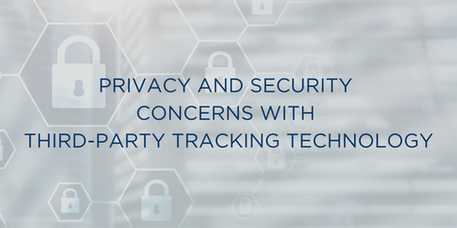 Hexagonal locks on a blurred blue background with text: "PRIVACY AND SECURITY CONCERNS WITH THIRD-PARTY TRACKING TECHNOLOGY."