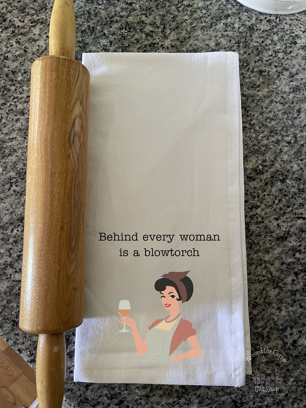 Thumbnail: Behind every Woman is a blowtorch kitchen towel | retro lady kitchen decor