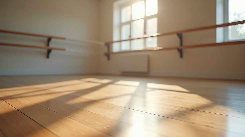 Close-up view of a dance studio’s polished wooden floor and ballet barre