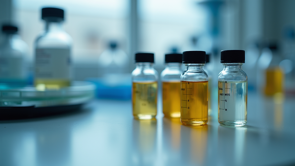 Close-up view of peptide vials on a laboratory bench