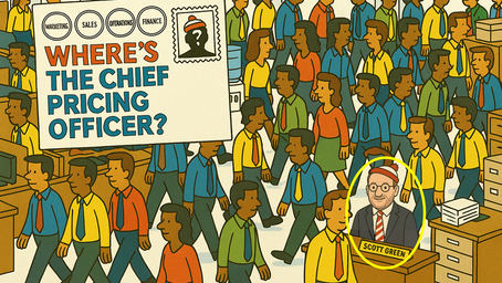 Cartoon-style image with a crowded office scene. A postcard reads “Where’s the Chief Pricing Officer?” In the corner, a character is circled and labeled “Scott Green,” styled like Where’s Waldo.