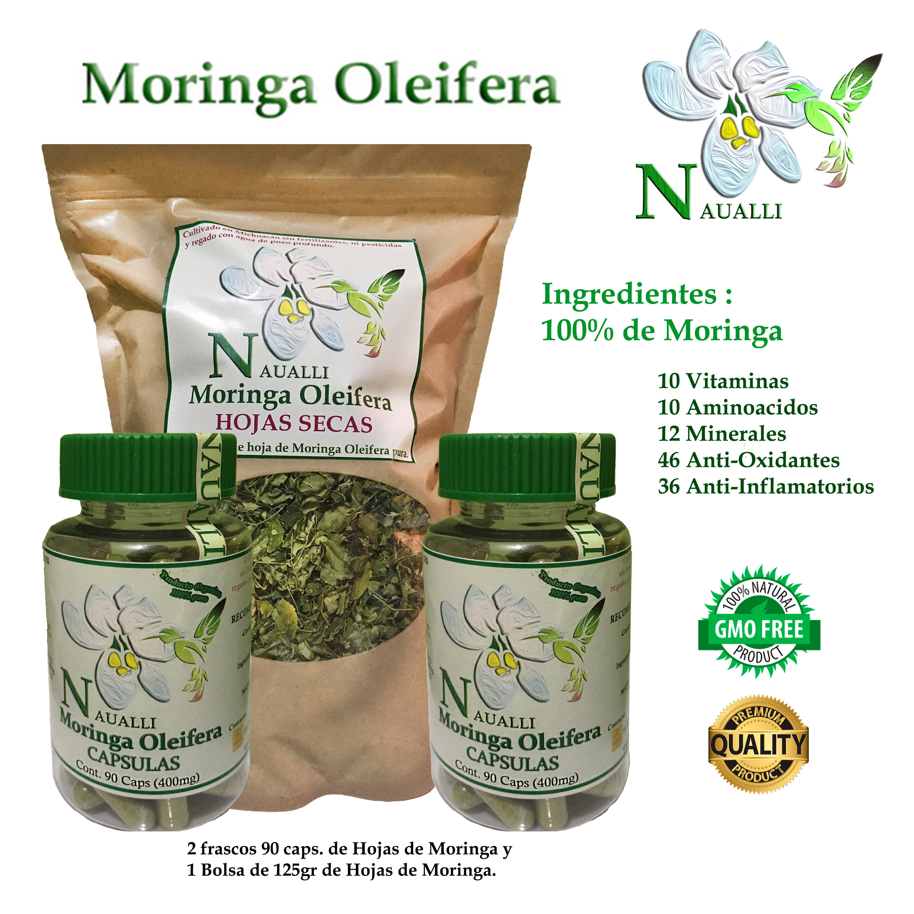 Hojas de Moringa (2 Frascos 90 caps.) y Té de Moringa (125gr.)