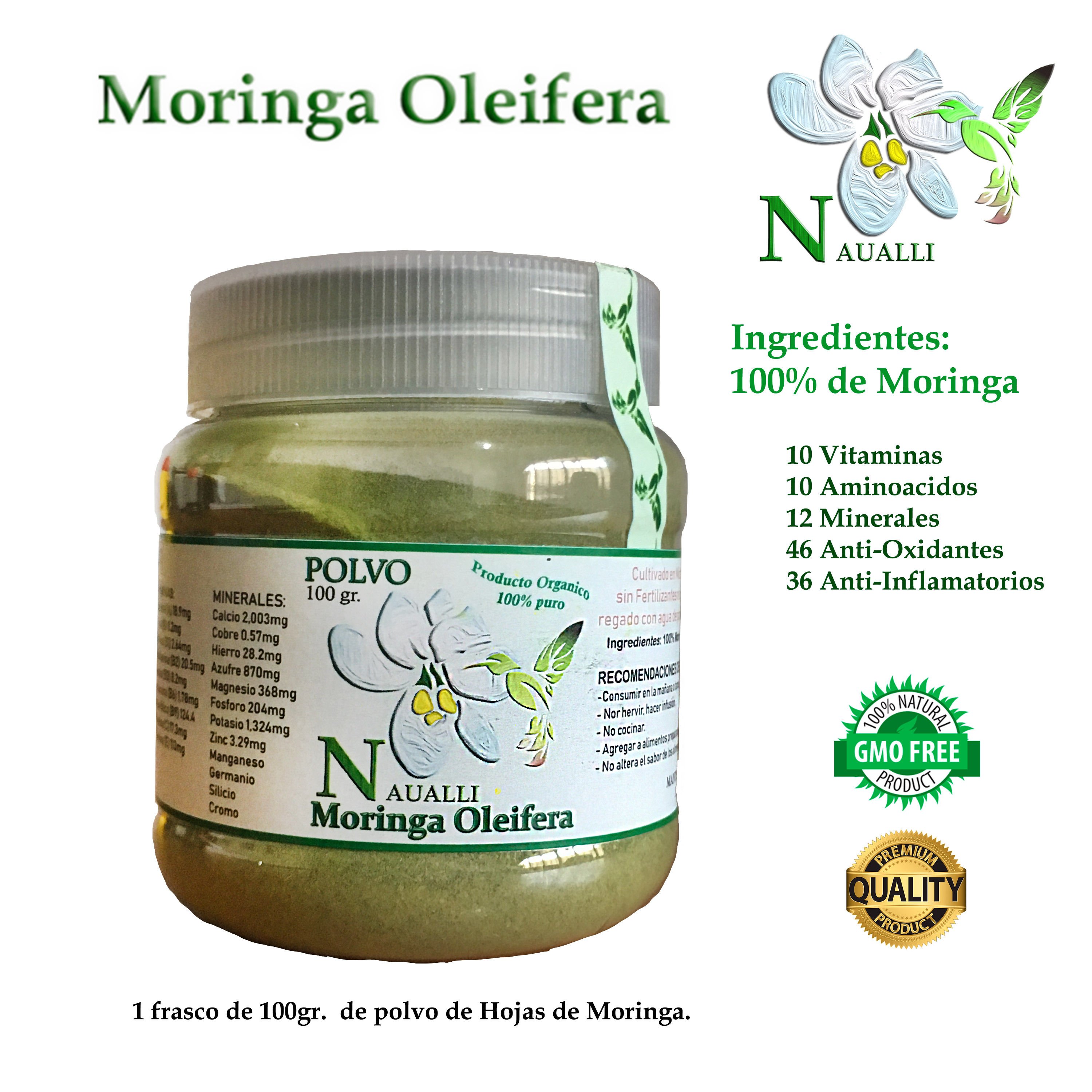 Moringa Oleífera, 100% Hoja en Polvo (100 gr)