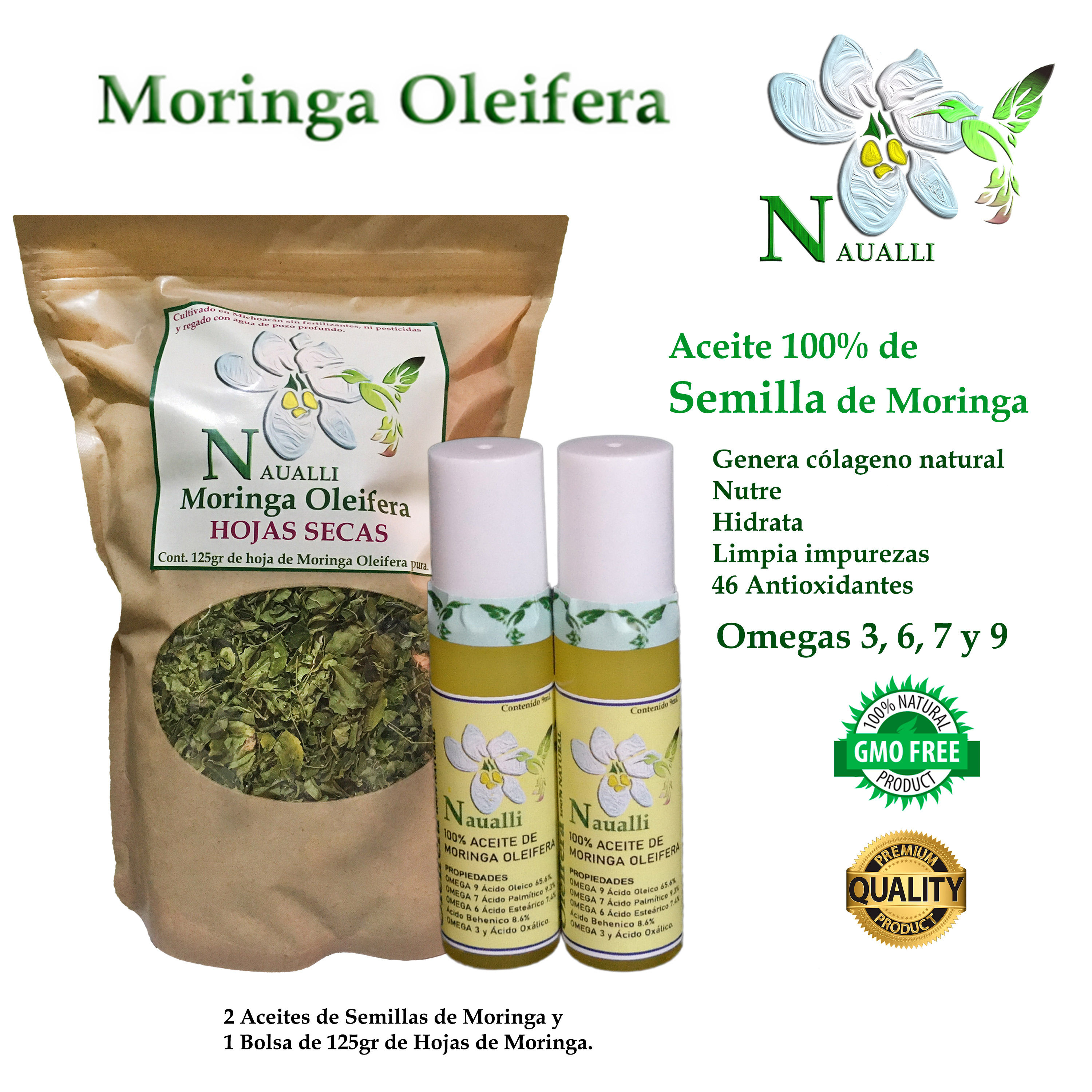 2 Aceites 100% de Semillas de Moringa y Té de Moringa (125gr.)