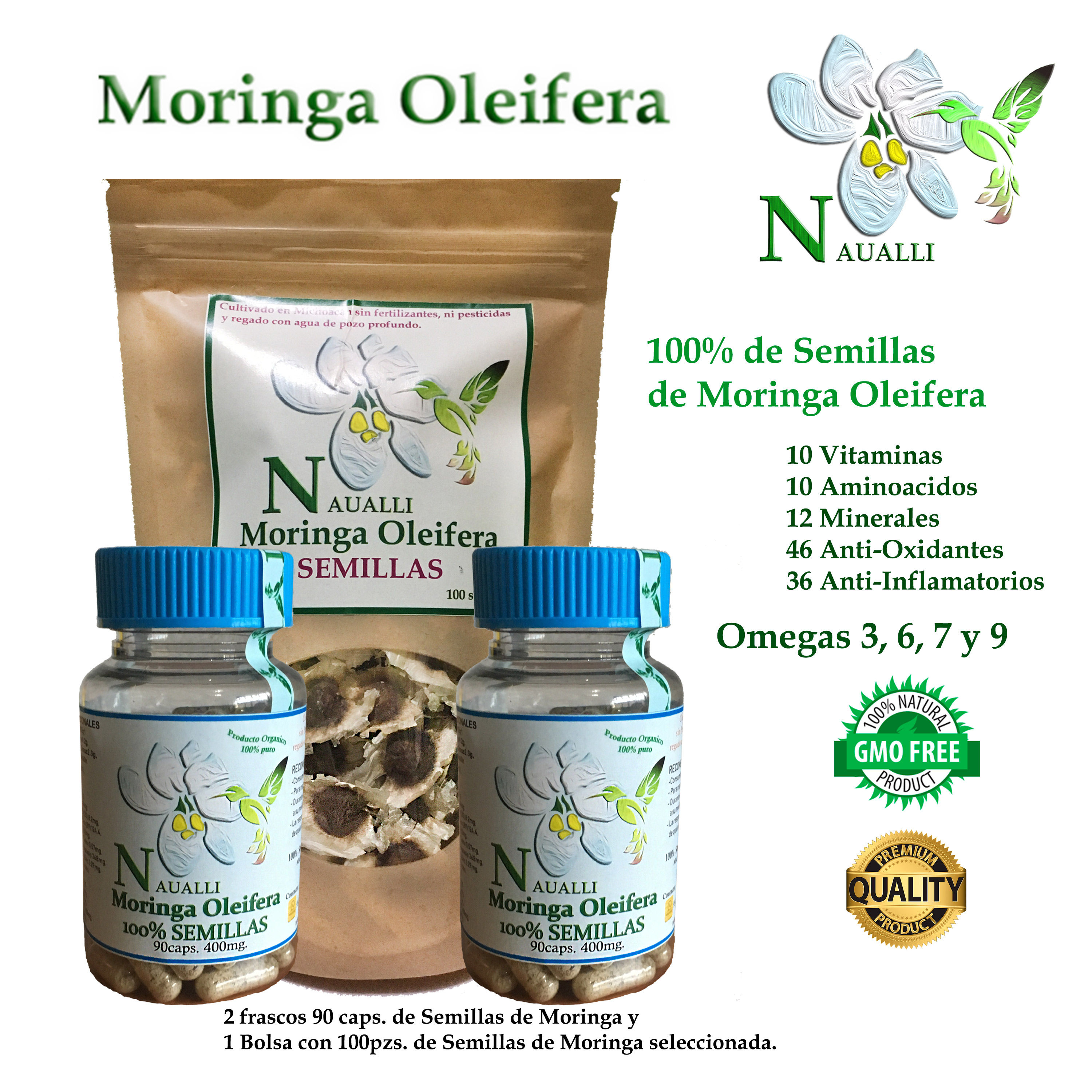 Semillas de Moringa (2 Frascos de 90 caps.) y Semillas de Moringa (100pzas.)