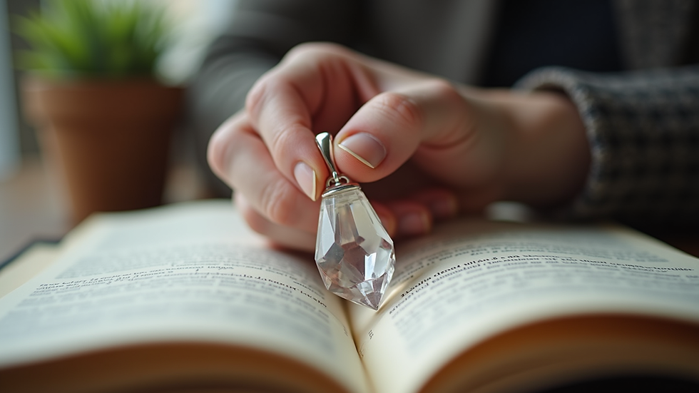Close-up view of a hand holding a crystal pendant over an open journal