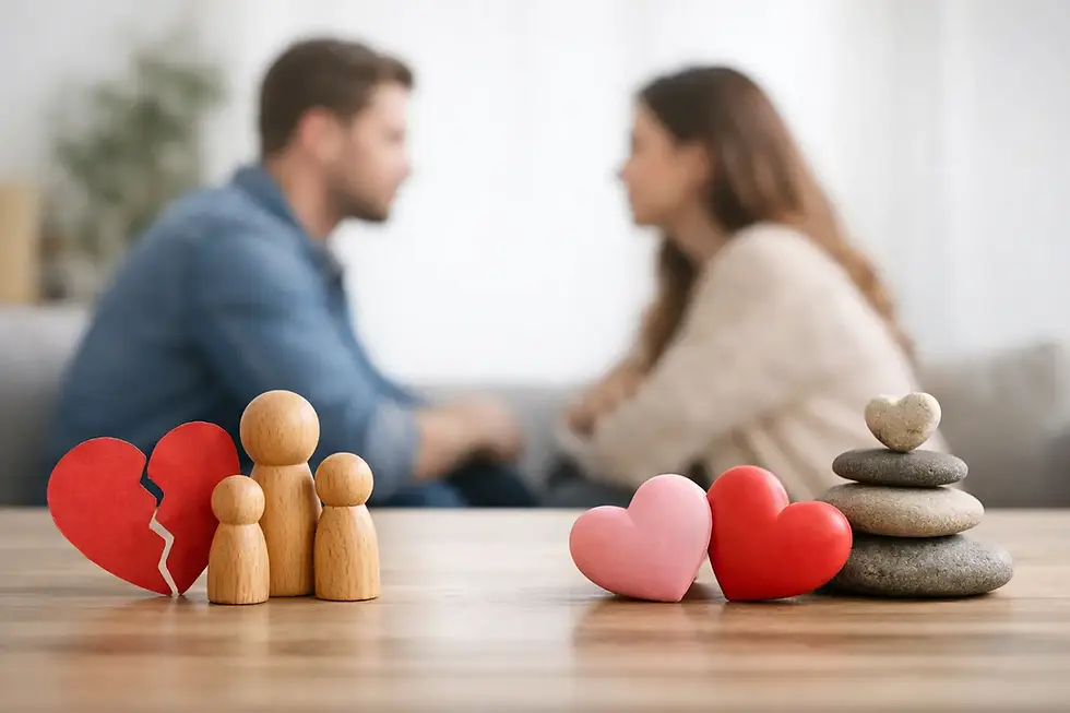 Blurred couple talking in background behind broken red heart, wooden family figures, pink and red hearts, and stacked stones.