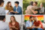 Four caring relationship scenes: couples talking, holding hands, hugging with a counselor, including a rainbow flag backdrop.
