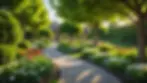 Wide angle view of a serene garden with a soft pathway