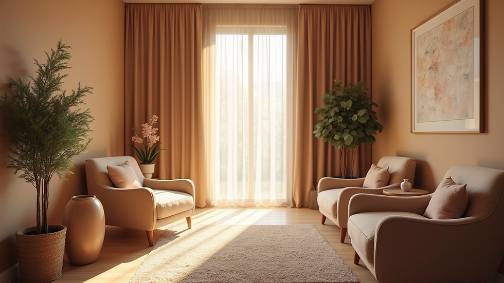 Eye-level view of a cozy therapy room with soft lighting and comfortable chairs