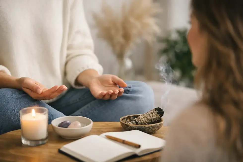 Person meditating with open palms, cross-legged on floor. Lit candle, smudge stick, and crystals on table. Calm, serene atmosphere.