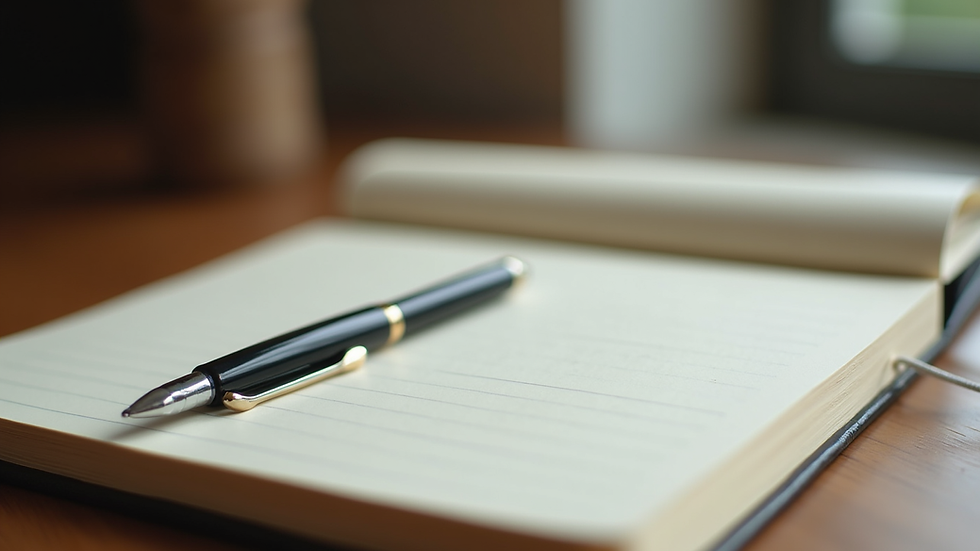 Close-up view of a journal and pen on a wooden table, symbolizing reflection and self-work