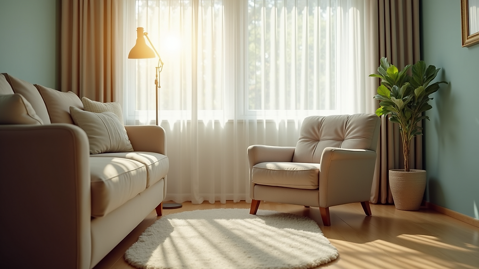 Eye-level view of a therapist's office with a comfortable chair and soft lighting