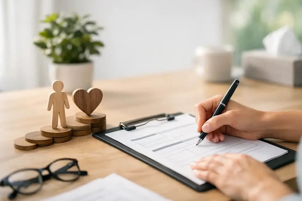 Hand writing on a clipboard with a pen, next to wooden figures on coins and a plant in the background. Glasses rest nearby.
