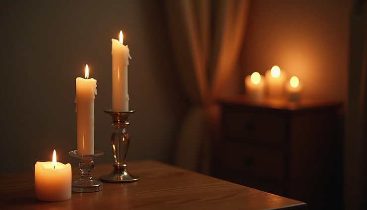 Eye-level view of a serene room with soft lighting and a single candle on a wooden table