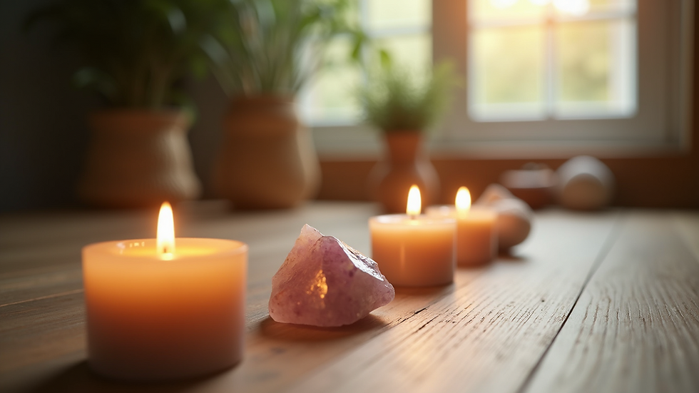 Eye-level view of a calming meditation space with candles and crystals