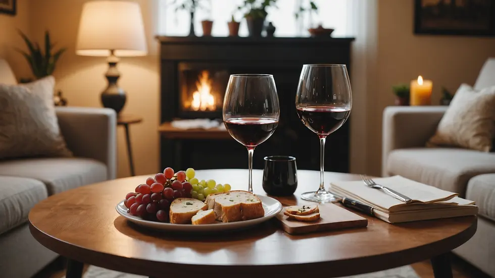 Eye-level view of a cozy living room setting with two glasses of wine on a table