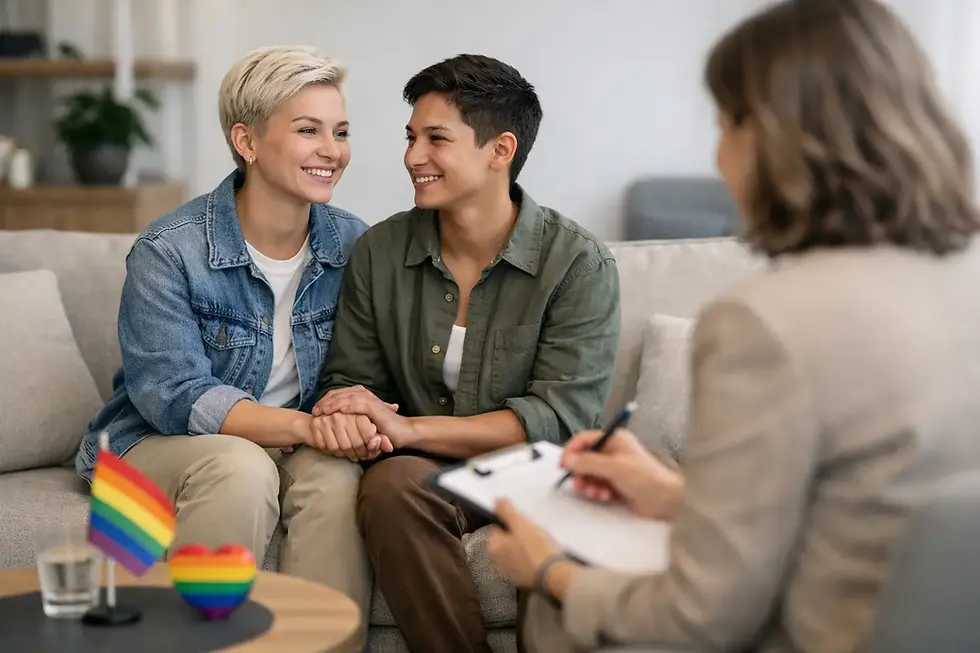 Smiling same-sex couple holds hands on a couch during a therapy session, with rainbow pride decor in the foreground.