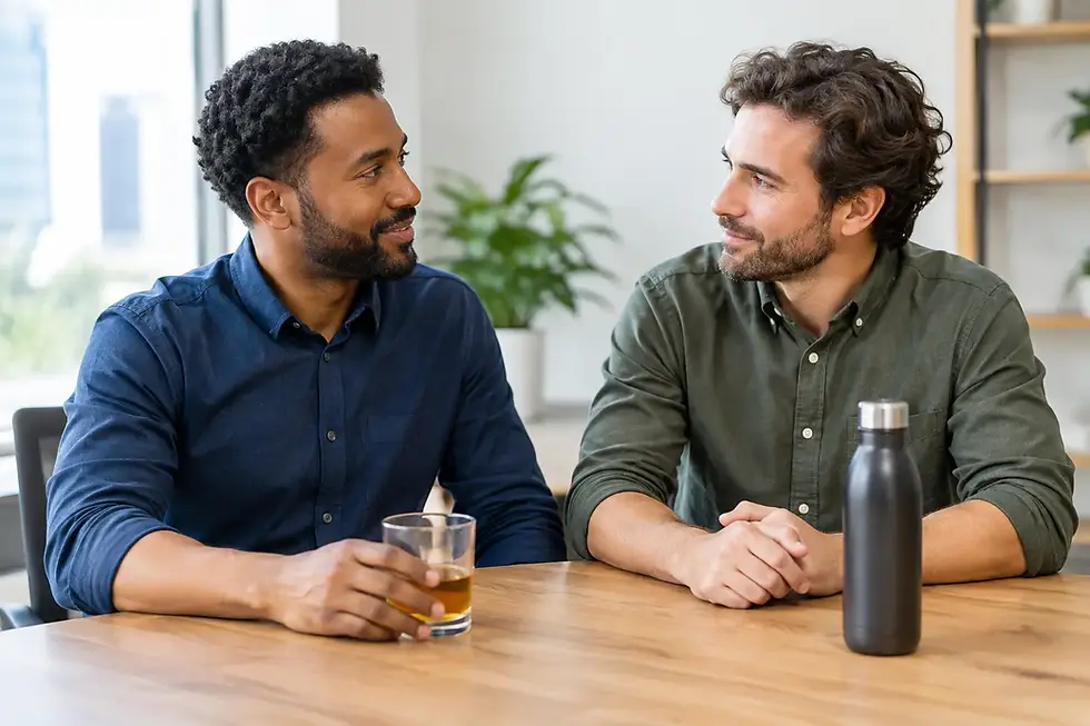 Two men in button-down shirts chat at a wooden table, one holding a drink, in a bright office with a water bottle and plants.