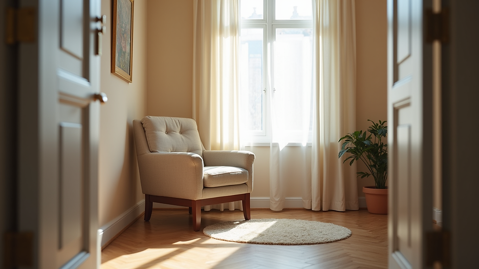 Eye-level view of a quiet counseling room with a comfortable chair and soft lighting