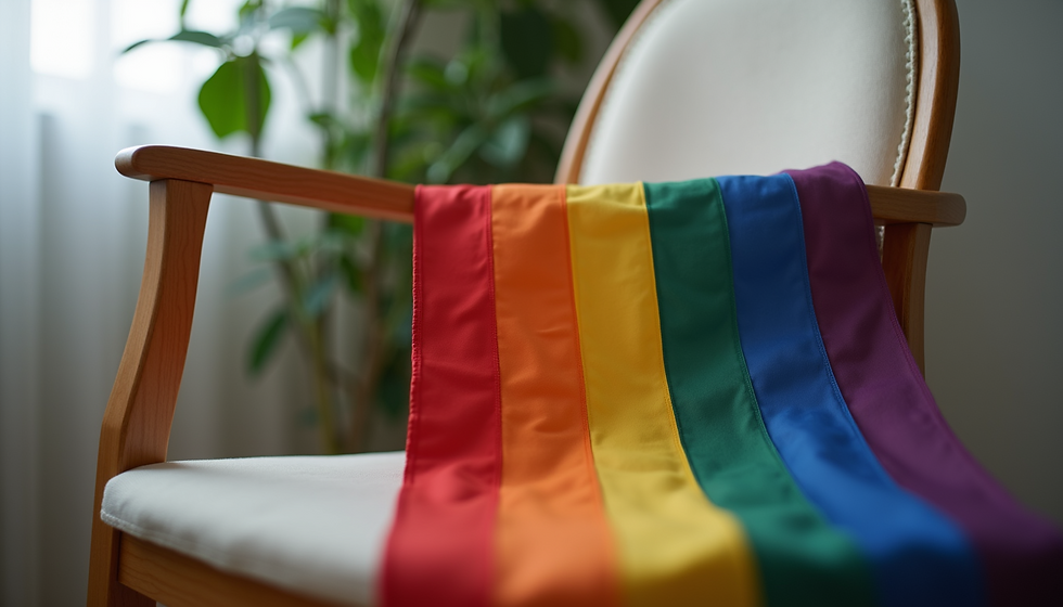 Rainbow flag draped over a wooden chair with a white cushion, set against a blurred background with green plants near a window.