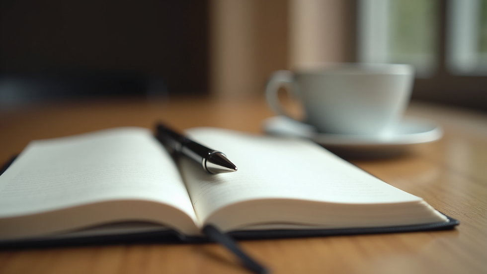 Close-up view of a journal and pen on a wooden table, ready for writing thoughts