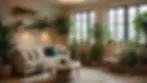 Close-up view of a comfortable therapy space filled with plants and soft lighting