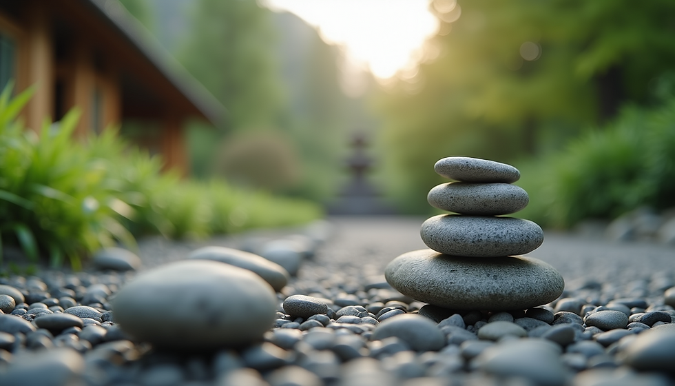 Stacked stones balance on a pebble path, surrounded by green plants and trees, with a blurred building in the background at sunset. Peaceful mood.