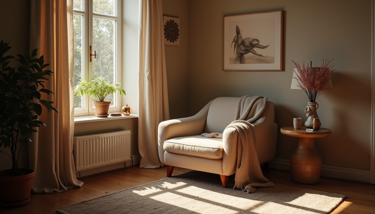 Eye-level view of a serene room with soft lighting and a comfortable chair for mediumship sessions