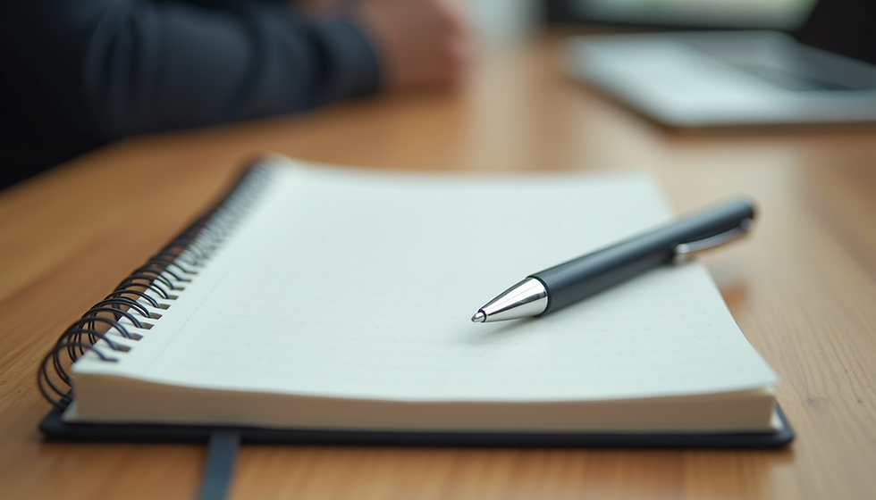 Black pen rests on an open spiral notebook on a wooden desk. Blurred background shows part of a person and a laptop, creating a focused atmosphere.