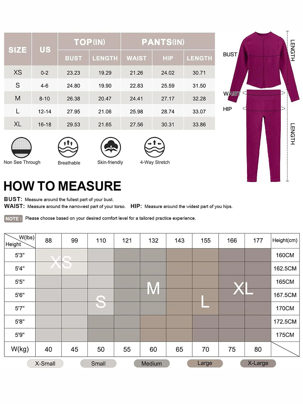 Thumbnail: Size chart for workout jacket: top, pant, height, weight measurements.