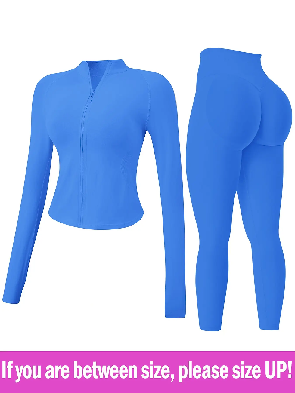 Thumbnail: Blue workout jacket and matching leggings. If you are between size, please size up!