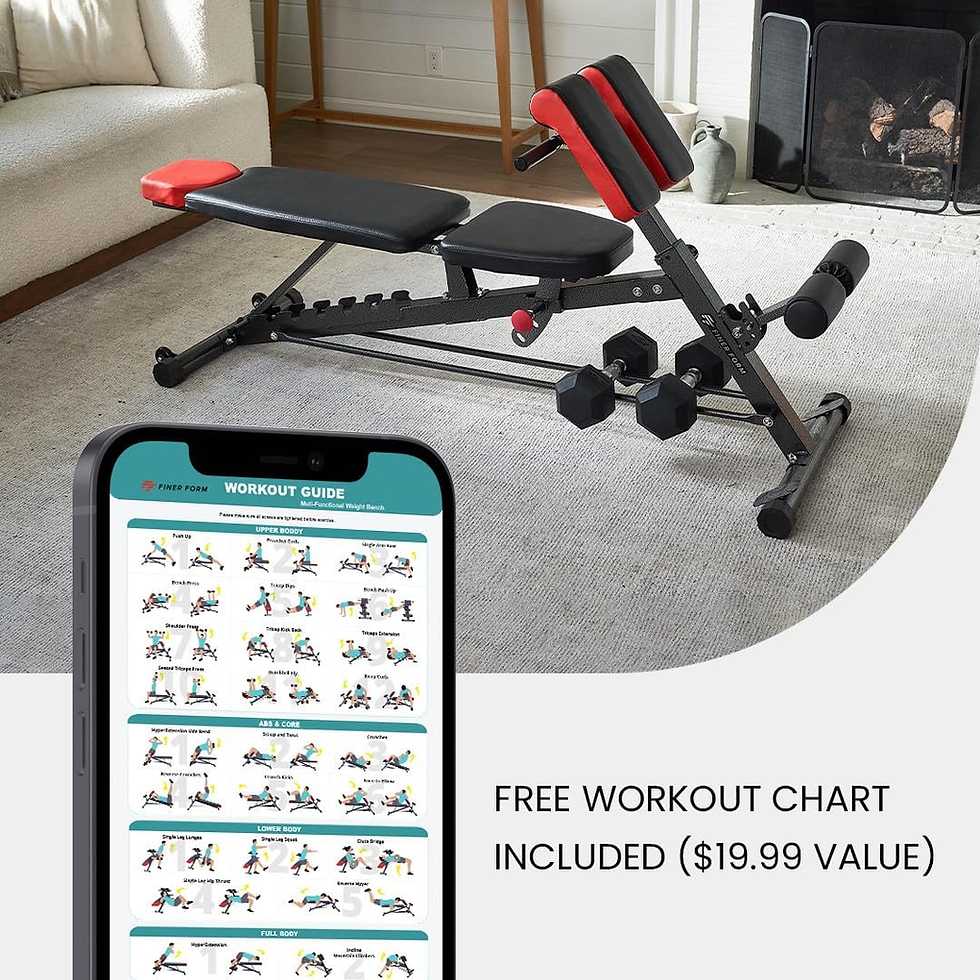 Thumbnail: Adjustable workout bench with a phone showing a free workout chart offer