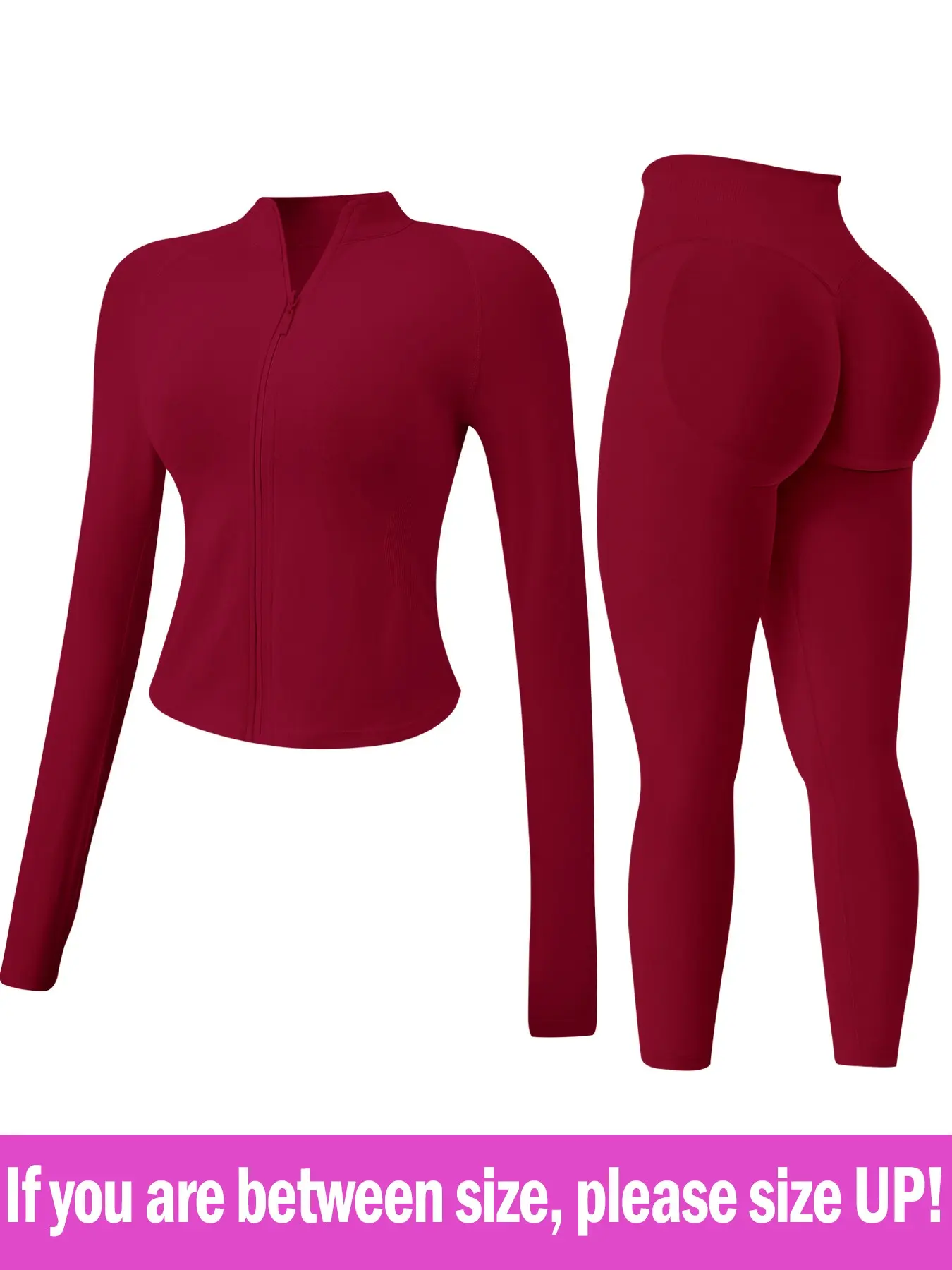 Red full-zip yoga jacket, leggings. If between sizes, size UP!