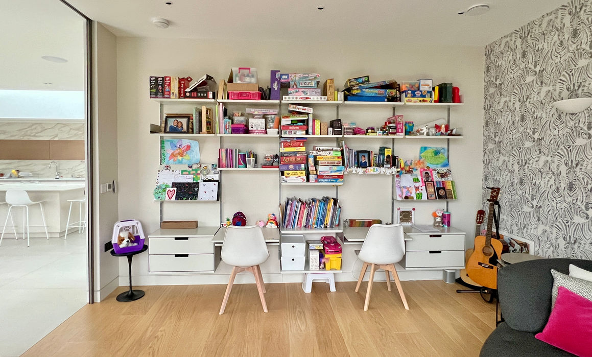 Playroom design, with modular storage and shelving unit