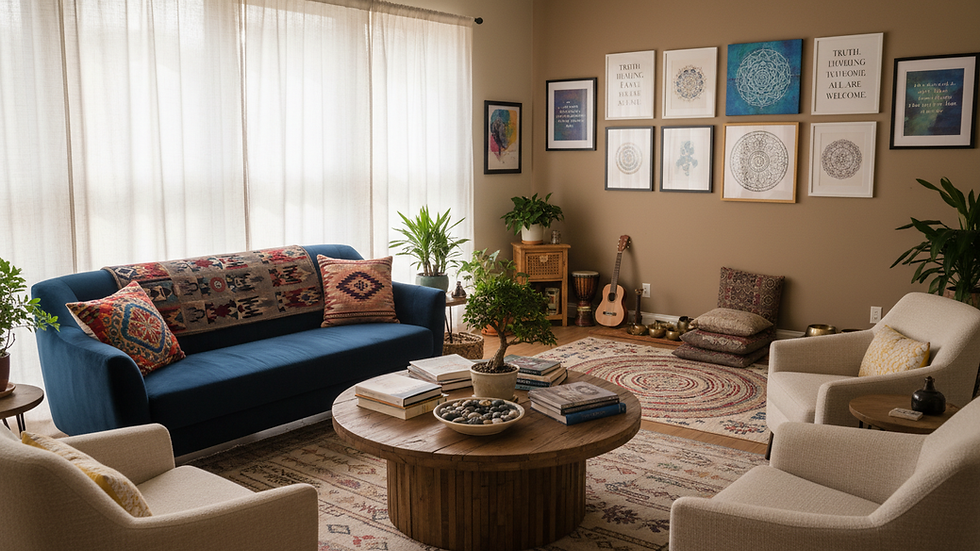Eye-level view of a cozy therapy room with soft lighting