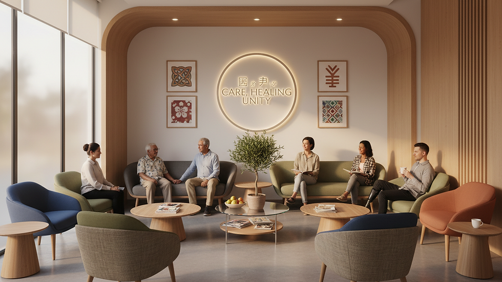 Eye-level view of a serene medical office with soft lighting and comfortable seating