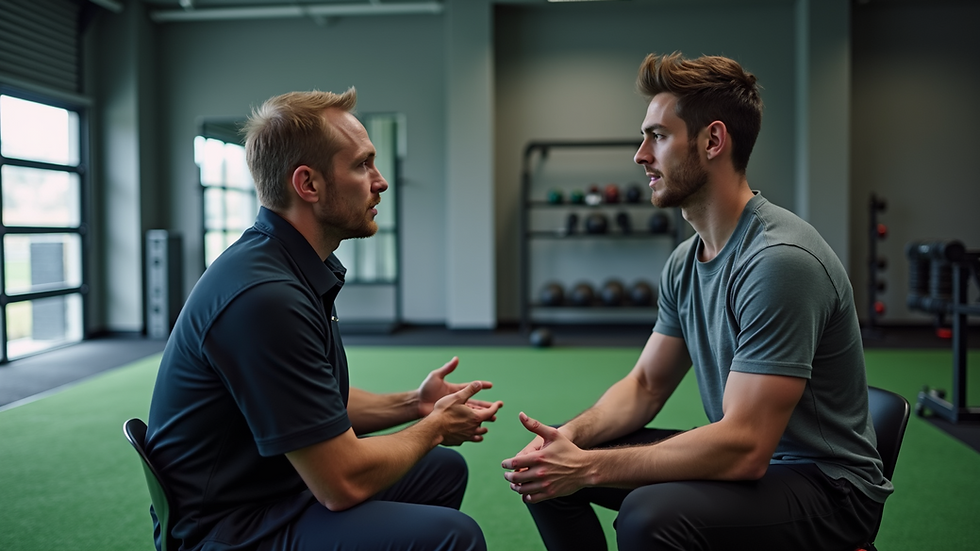 High angle view of a sports psychologist consulting with an athlete in a gym