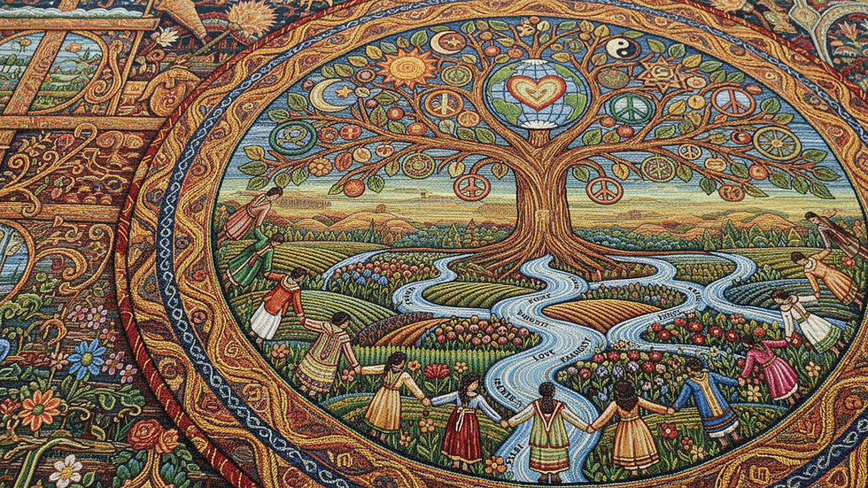 Close-up view of a woven tapestry with intricate threads