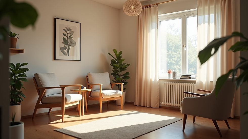 Eye-level view of a cozy therapy office with soft lighting and comfortable chairs