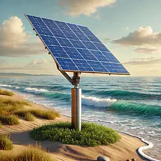 DALL·E 2025-07-24 12.58.21 - A realistic solar panel tracker installed near the seashore.