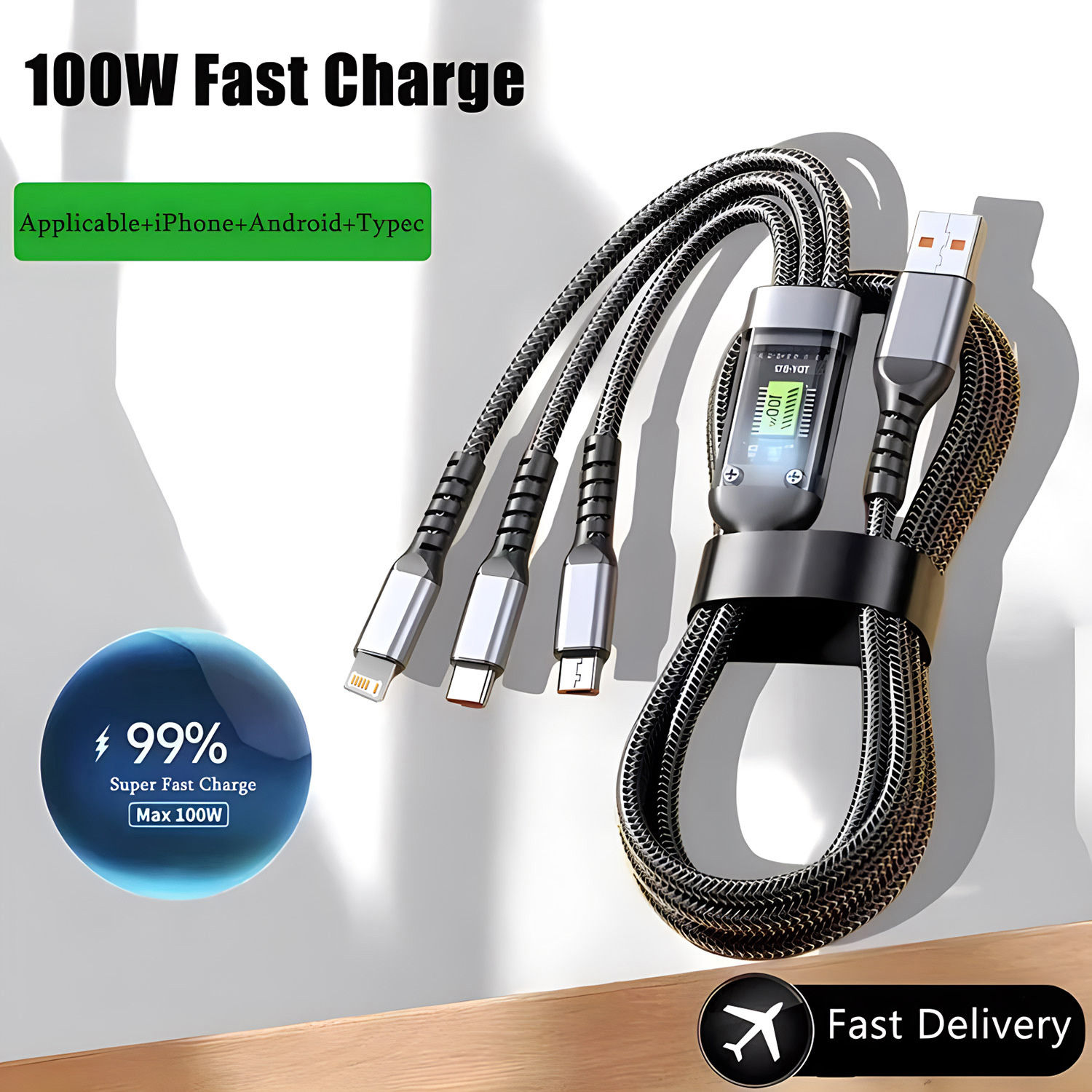 100W Fast Charging Cable Multi Charger Cable Nylon Braided Multiple USB Universa