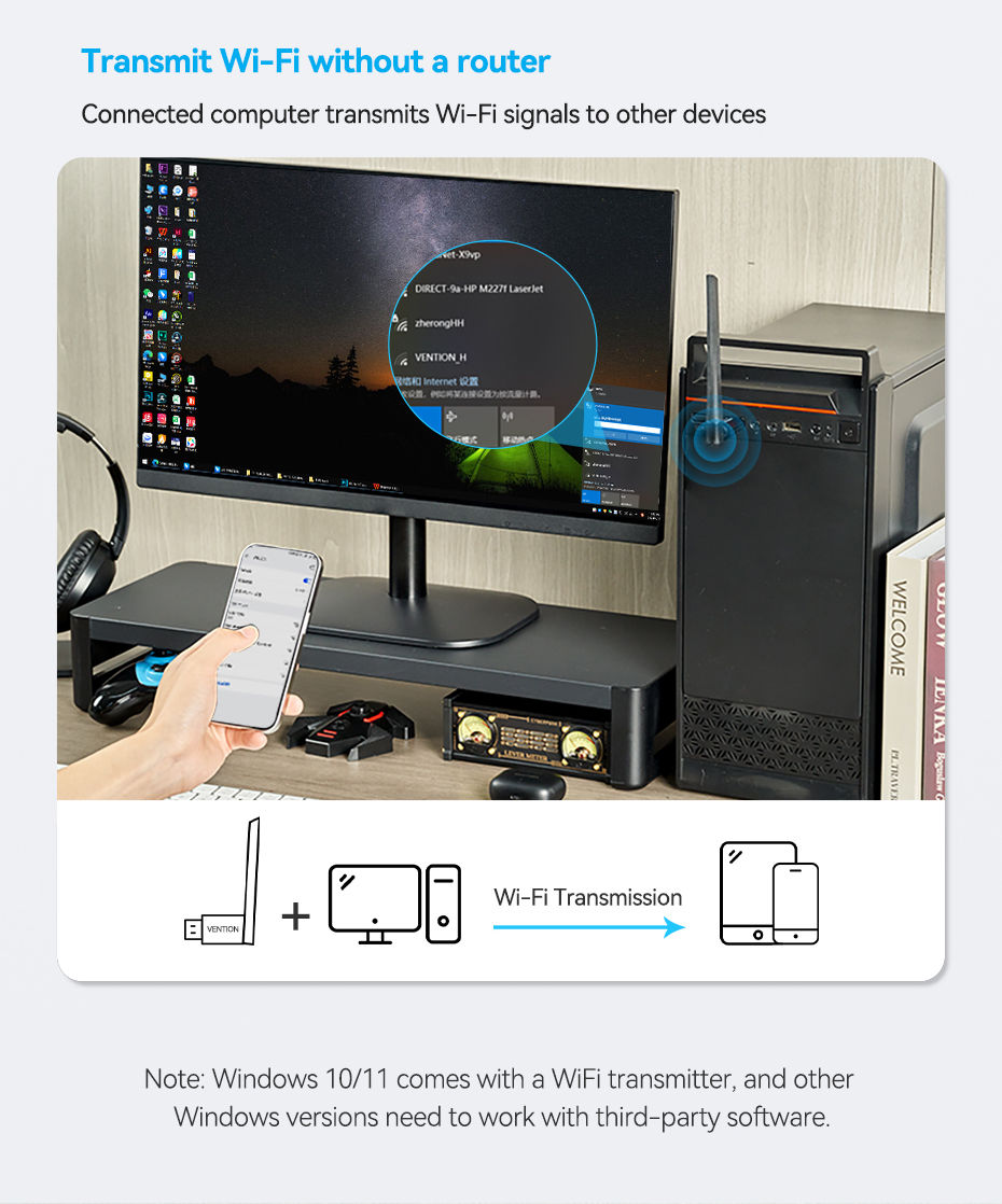 Miniatura: Vention WiFi Adapter AC650 WiFi5 5G&2.4G USB WiFi Card Dongle for PC Desktop Lap