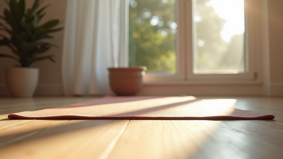 Eye-level view of a serene home yoga space with a yoga mat and calming decor