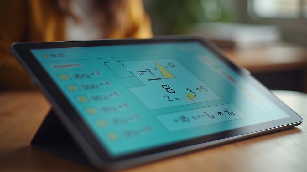 Close-up view of a digital tablet displaying an interactive math lesson