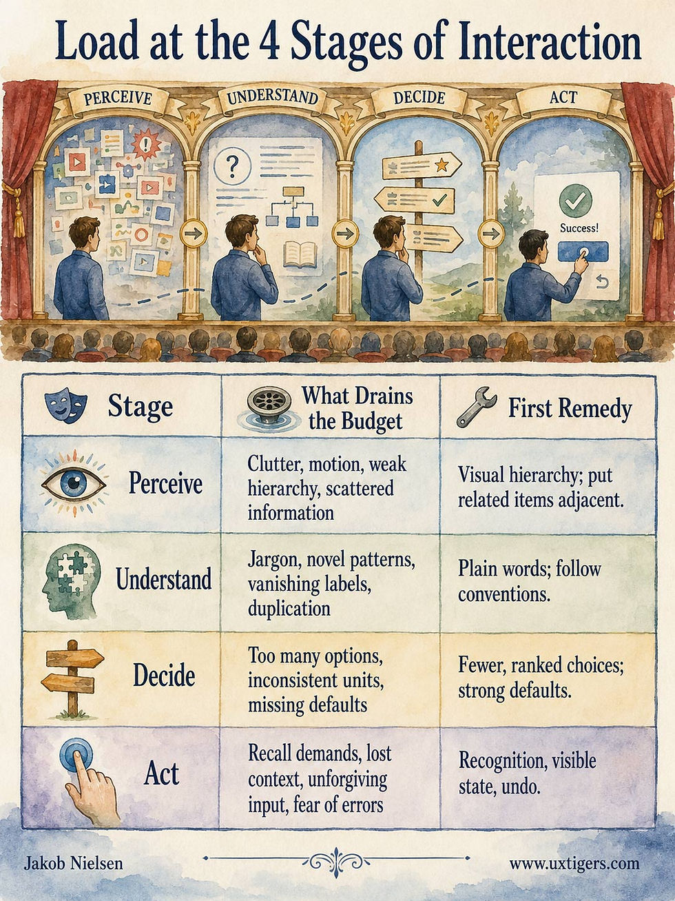 Cognitive Load at the 4 Stages of Interaction Stage What Drains the Budget First Remedy Perceive Clutter, motion, weak hierarchy, scattered information Visual hierarchy; put related items adjacent Understand Jargon, novel patterns, vanishing labels, duplication Plain words; follow conventions Decide Too many options, inconsistent units, missing defaults Fewer, ranked choices; strong defaults Act Recall demands, lost context, unforgiving input, fear of errors Recognition, visible state, undo