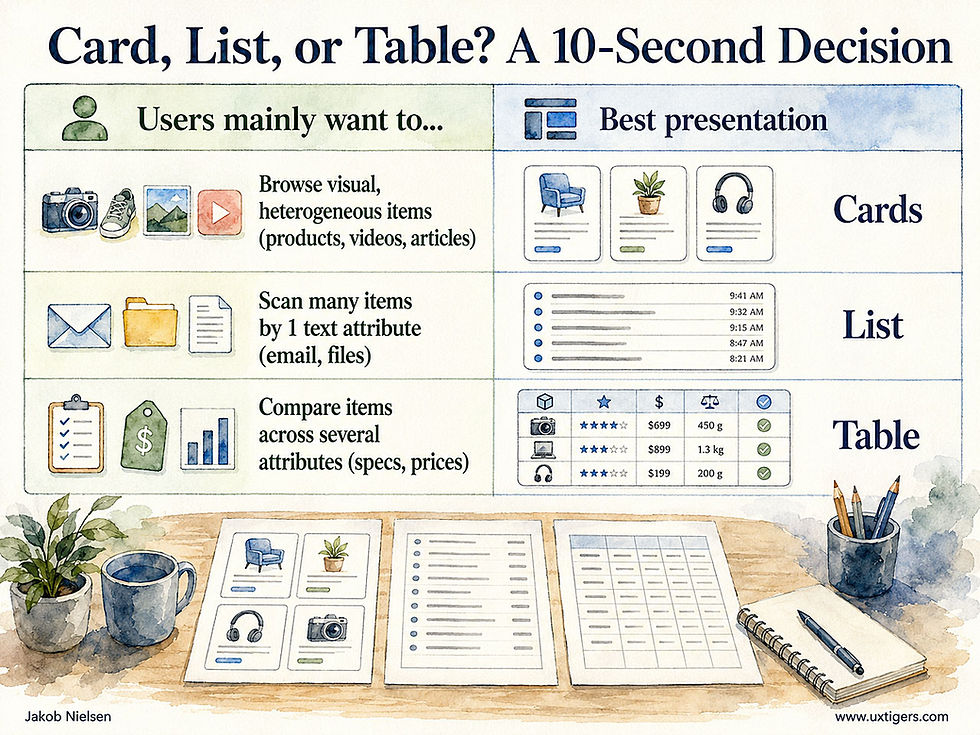 Card, List, or Table? A 10-Second Decision. Users mainly want to browse visual, heterogeneous items (products, videos, articles): use cards. Scan many items by 1 text attribute (email, files): use a list. Compare items across several attributes (specs, prices): use a table.