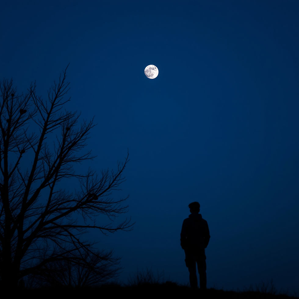 Silhouette of a person on a hill beneath a bright full moon, with bare tree branches against a deep blue night sky.