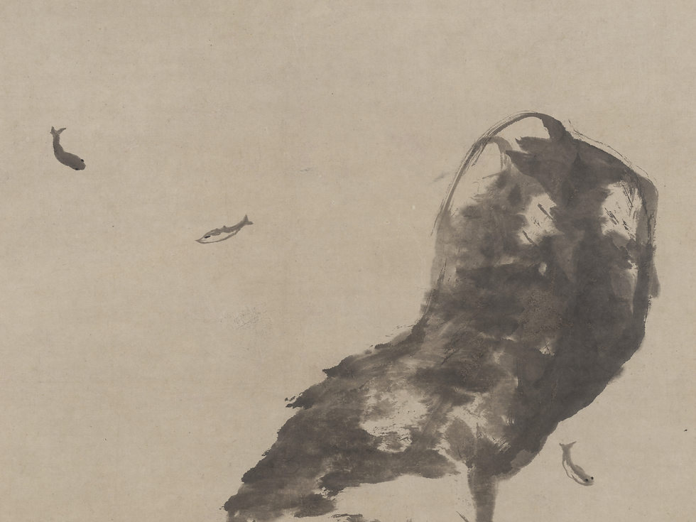 Ink wash painting of a large whale-like form with three small fish on beige paper, in a calm, minimalist style.