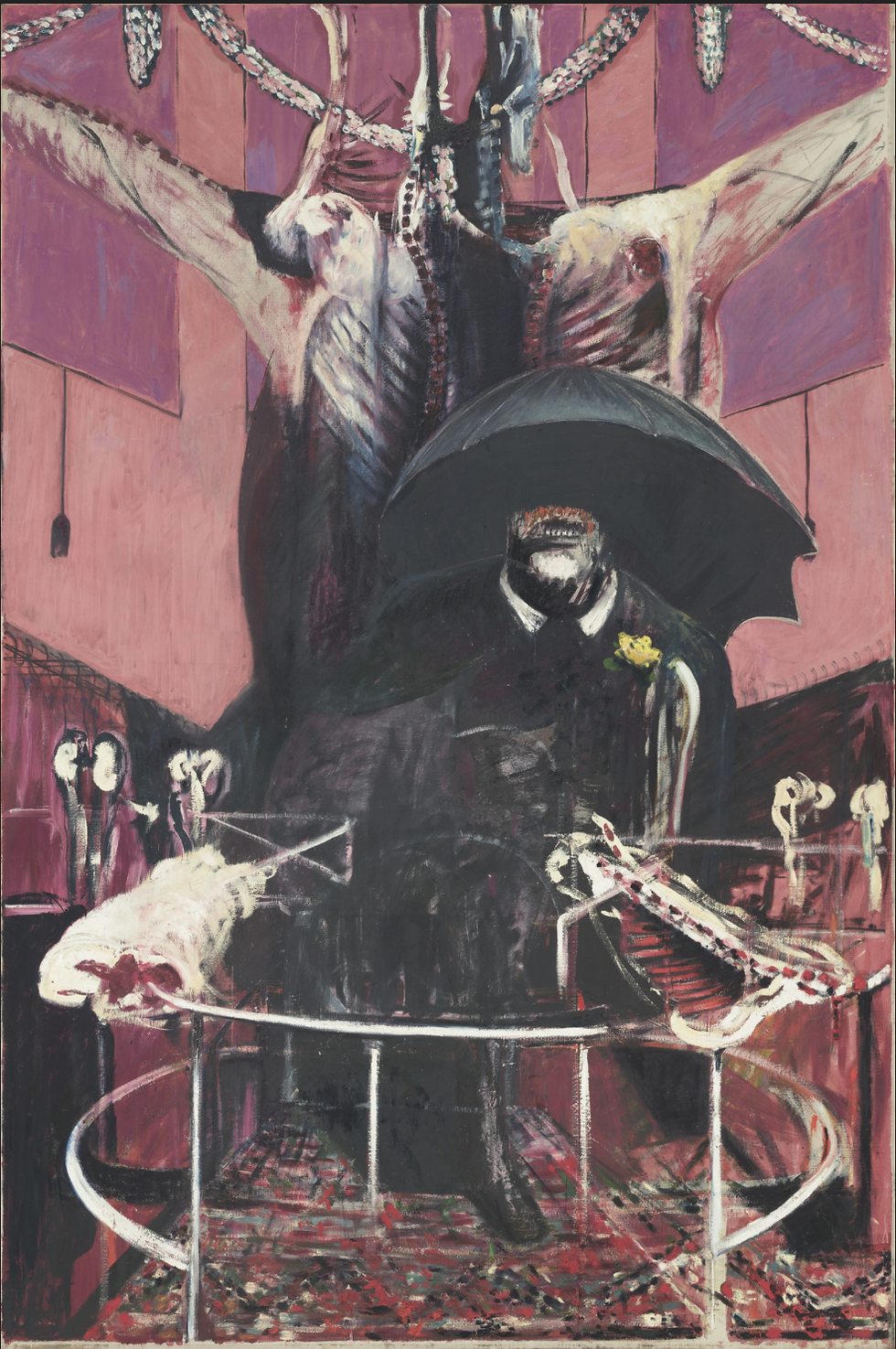 A dark figure with an umbrella stands amid carcasses in a room with pink walls. The mood is somber and surreal, with muted colors.